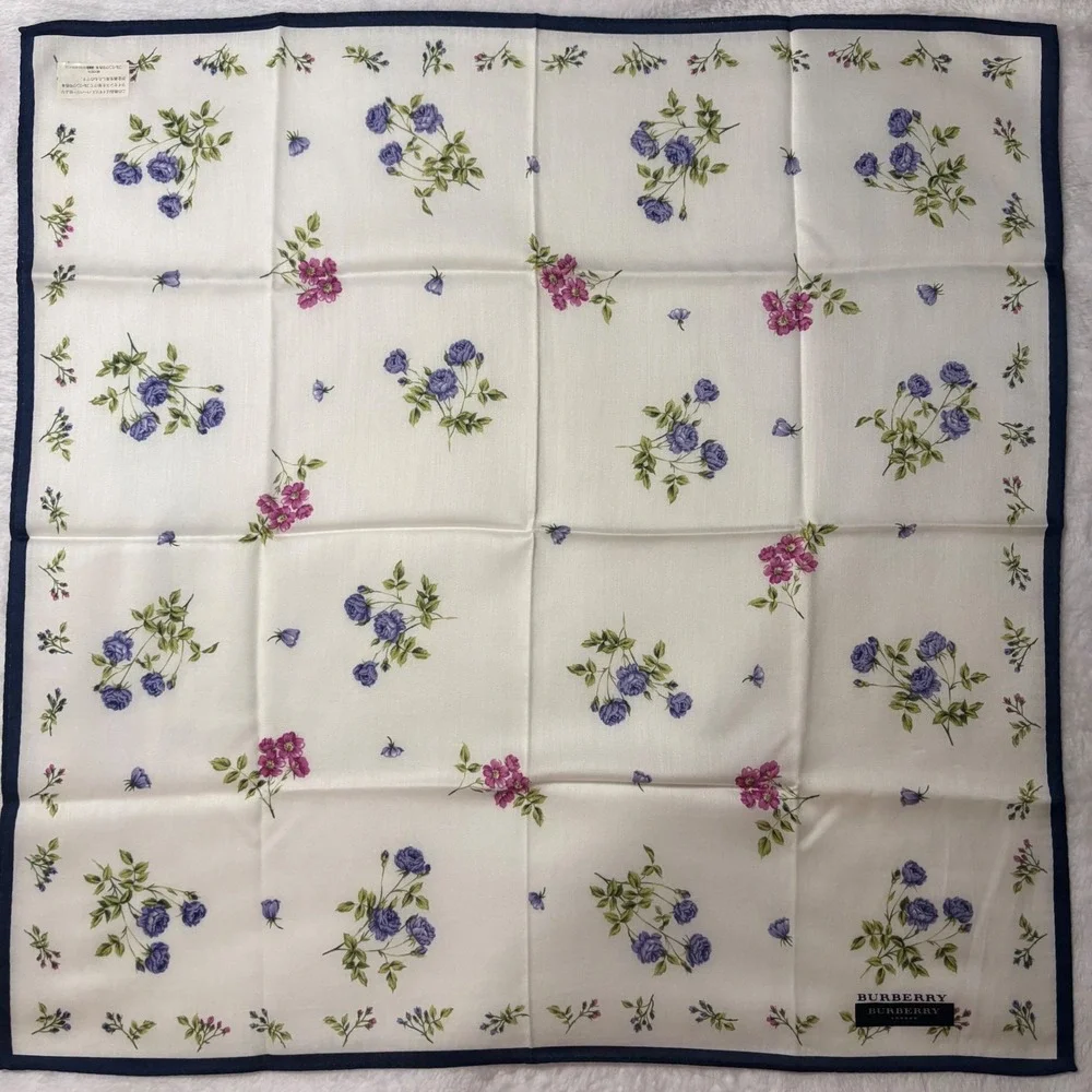 BURBERRY Scarf Handkerchief Floral Cotton Cream Purple 19.5in